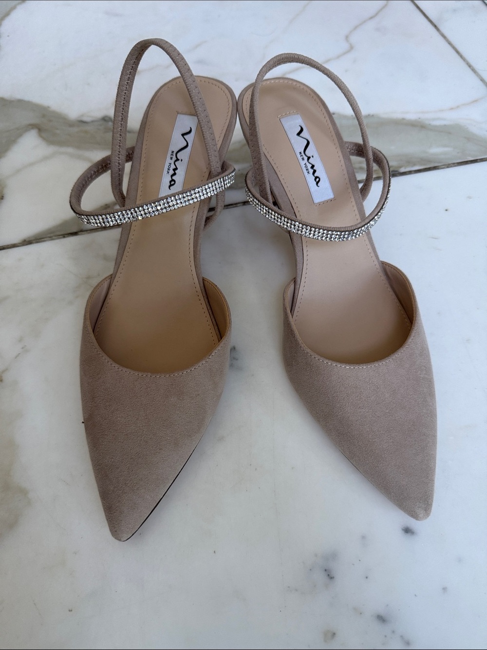 Nina Taupe Pointed-Toe Slingback Heels with Rhinestone Strap